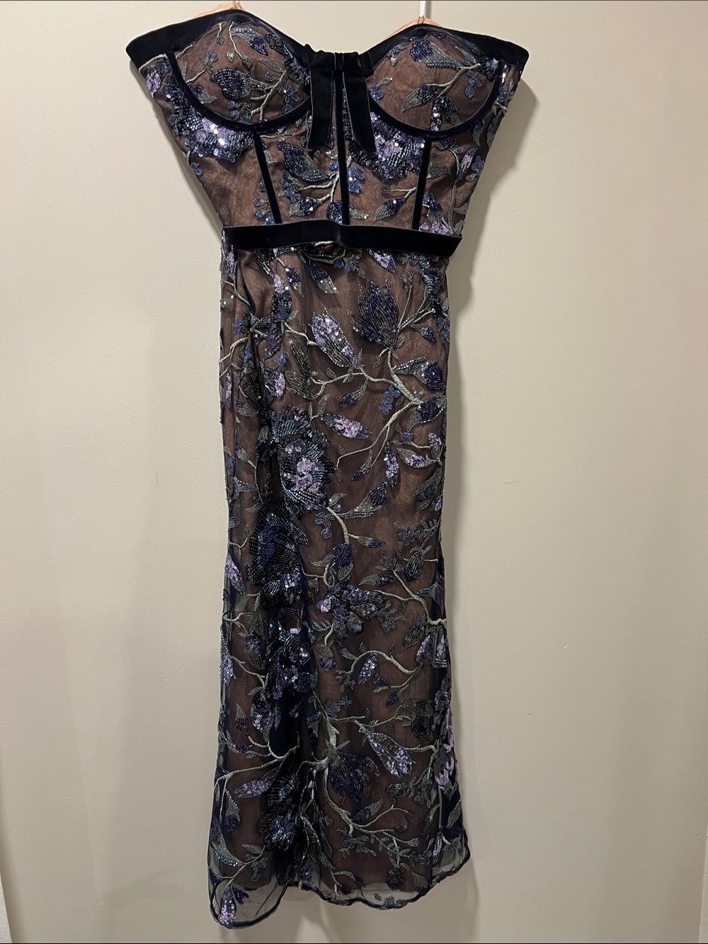 Marchesa Climbing Vines Midi Dress Crystal Ocean Strapless Sequin Embroidery - Picture 6 of 16